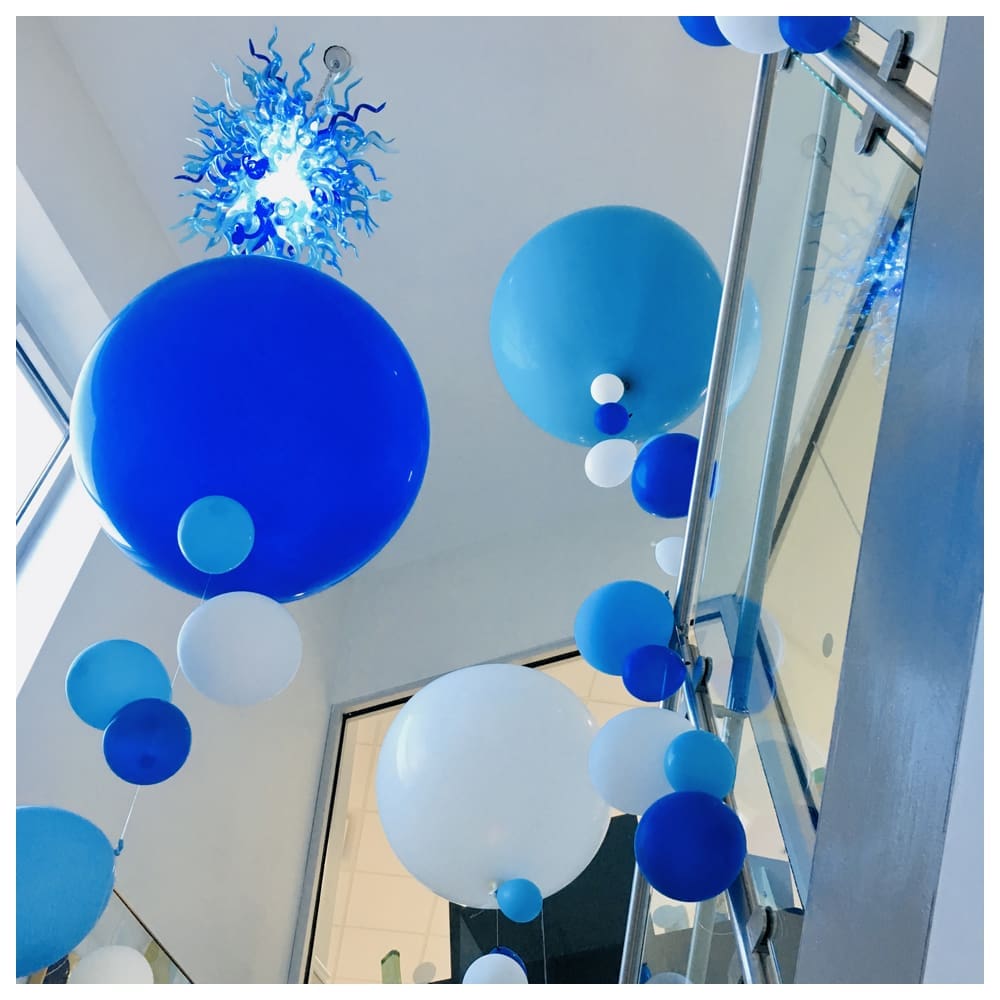 Blue and white balloon bobble display.